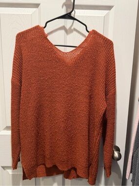 Rust V-Neck Knit Sweater - Women's Lightweight Pullover